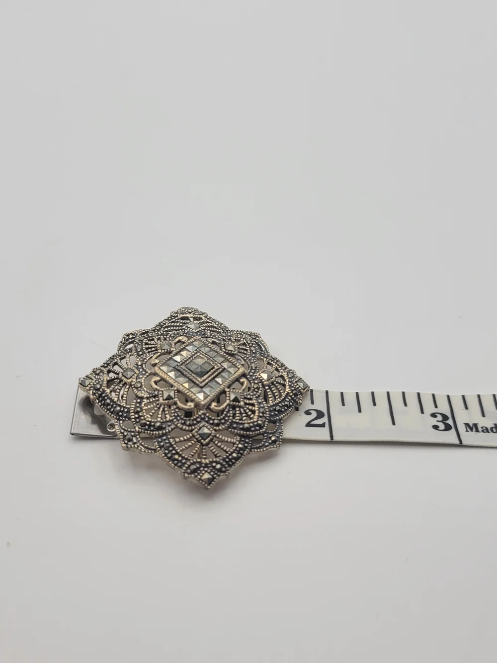 VTG STERLING SILVER PIN BROOCH OPEN WORK WITH MARCASITES BEAUTIFUL
